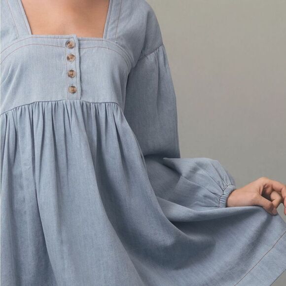 By Anthropologie Long-Sleeve Square-Neck
Denim Babydoll Mini Dress |Size: Medium - Picture 2 of 7